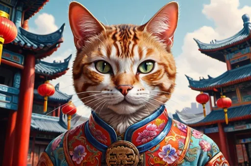 Prompt: a cat dresssed, traveling China, vibrant, hystorical, intricate details, forbiden city, hyperdetailed, 4k, painting, trending on artstation