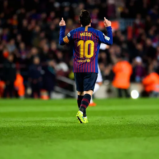Prompt: This photograph captures the back view of a male soccer player celebrating on a grassy field. The player, wearing a blue and red vertically striped jersey with yellow and red accents, has the name "MESSI" and the number "10" prominently displayed on the back. The jersey also features the Unicef logo. He is wearing dark blue shorts with red and yellow stripes on the sides, and bright yellow soccer cleats with green accents. His arms are raised with both hands forming the number "10" with their fingers. The player's hair is dark and tied in a small bun at the back of his head. The background is slightly blurred, showing a stadium filled with spectators, with some visible in dark clothing and others in bright orange. The stadium lights create a bright, focused area around the player, highlighting his celebratory pose. The grass on the field is a vibrant green, contrasting with the player's dark-colored uniform. The overall mood of the image is dynamic and triumphant, capturing a moment of celebration in a high-energy sporting event.