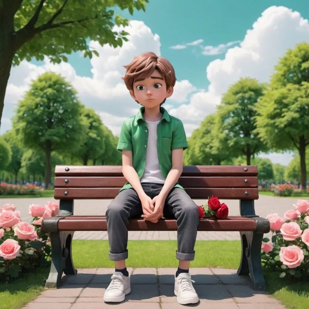 Prompt: An animated boy with sharp looks sitting on a bench in a green park. There a rose flowers in the park and the sky is cloudy