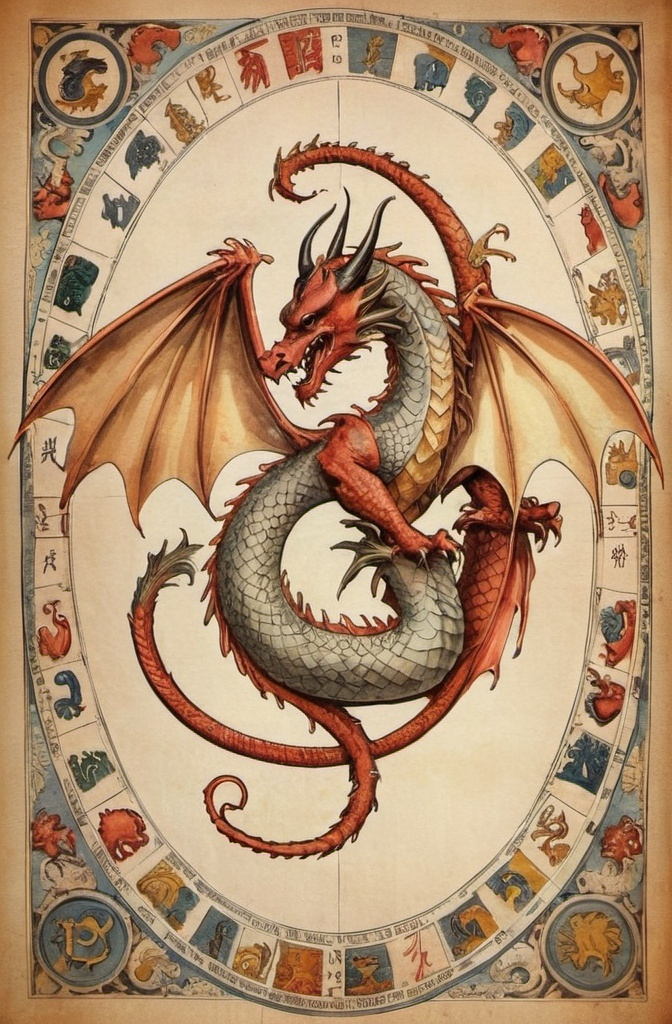 Prompt: Horoscope with dragon depicted in the horoscope with wings, tail and head