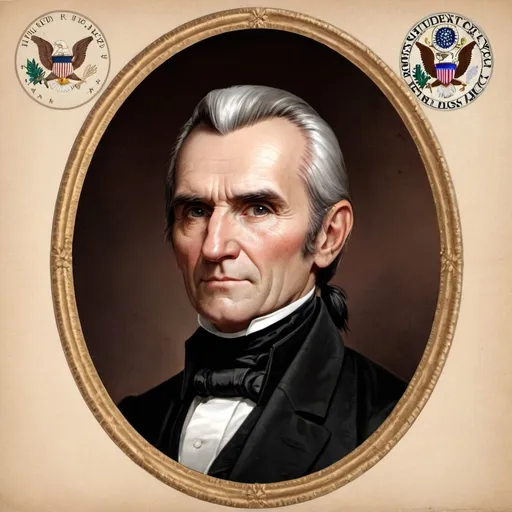 Prompt: President Polk Portrait with an oval border.  Text on top of the border "MAPA"