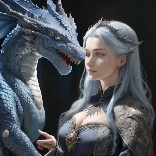 Prompt: Realistic painting of a Hexenmeisterin accompanied by a miniature blue dragon, detailed and lifelike portrayal, intricate magical robes, realistic dragon scales and texture, mesmerizing gaze, high quality, ultra-detailed, realism, fantasy, detailed dragon scales, lifelike portrayal, magical atmosphere, professional lighting, detailed robes, realistic style