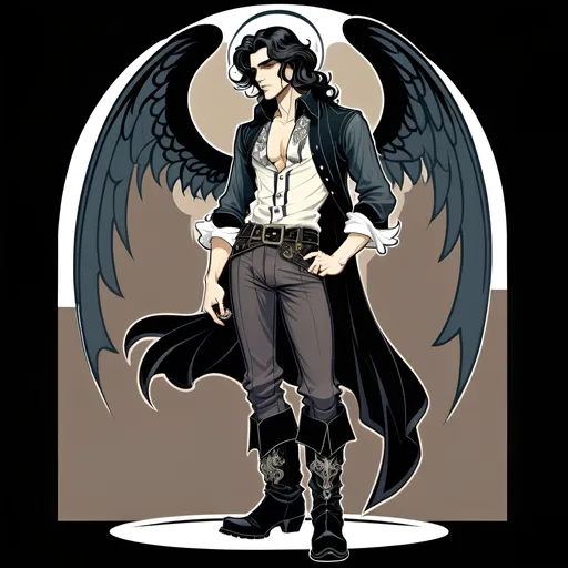 Prompt: <mymodel>Angel male, Gothic style, high boots, Victorian shirt, modern tactic pants, high quality, dark colors, low detailed, right wing only, black long hair, highres, Gothic, angel, dark tones, detailed, male, high boots, Victorian shirt, modern pants, wing, character design, illustration, painting, drawing, one wing andel