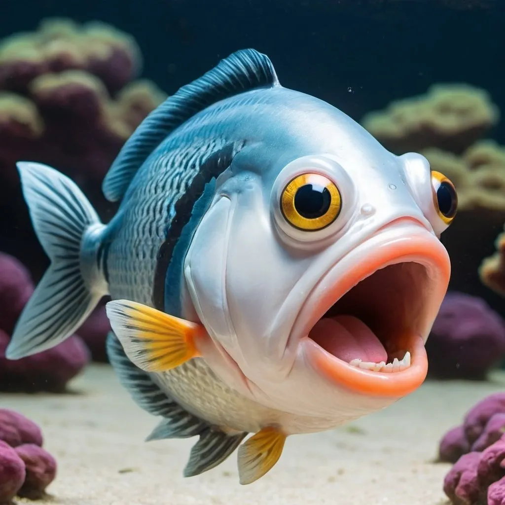 Prompt: There is a type of fish called a Gag, make a cartoon version that looks shocked but happy, as if he just heard some gossip he enjoys 