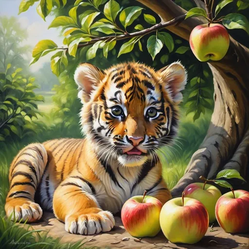 Prompt: Baby tiger eating apples under a tree, oil painting, lush green foliage, realistic, vibrant colors, warm natural lighting