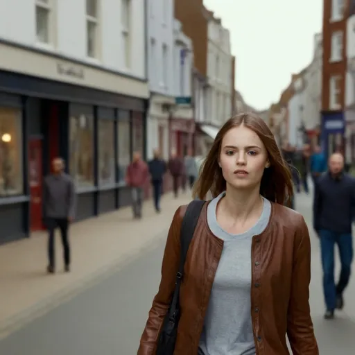 Prompt: Tall young woman walking down the high street, detailed clothing, realistic, natural lighting