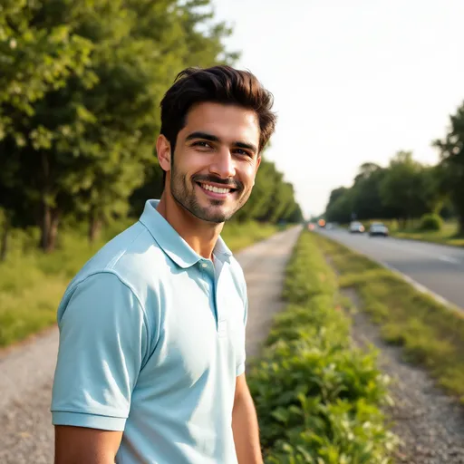 Prompt: Basking in the warm light of a clear day, a man stands casually by a roadside, framed by lush greenery and a distant stretch of asphalt. With a gentle smile, he sports a light blue polo shirt, his dark hair neatly styled, lending him a relaxed demeanor. The scene around him is serene, marked by rows of trees lining the road and a few vehicles in the distance, hinting at a tranquil rural environment. The bright sky contrasts beautifully with the earthy tones of the gravel path and the greenery, creating an inviting, peaceful atmosphere that suggests a moment of leisure amidst nature.