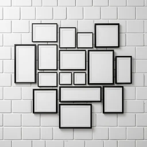 Prompt: a white brick wall with a bunch of black frames on it and a white brick wall behind it with a white brick wall, El Lissitzky, modular constructivism, behance hd, a mosaic