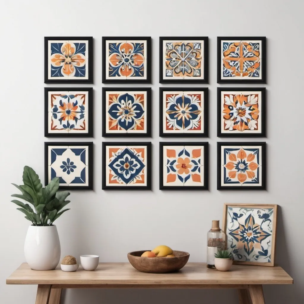 Prompt: I need a set of images I can use on social channels, similar to the attached image with different number of tiles included in each and different designs. 

Can you please keep using same design on the photos and the frames? just adjust the colors / layout / prints