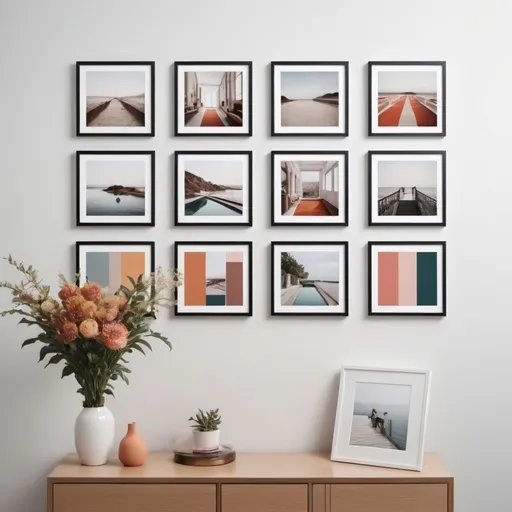 Prompt: similar to the attached image with different number of framed photos included in each and different designs. 

Can you please keep using same design on the photos and the frames? just adjust the colors / layout / prints

