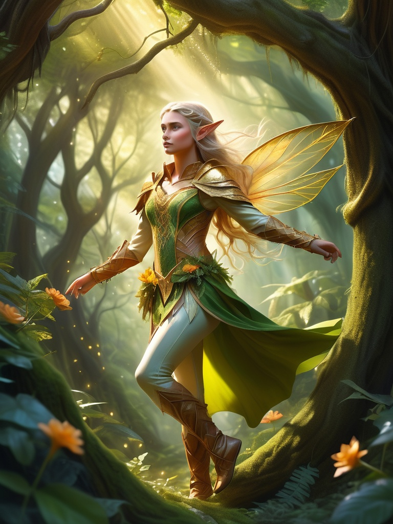 Prompt: Elf ranger in a mystical forest
 around sunlight