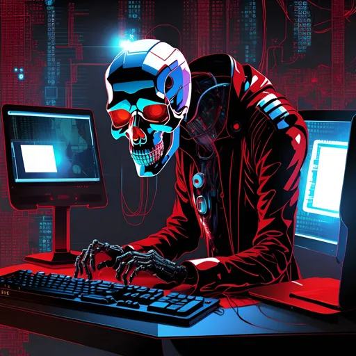 Prompt: High tech, cybermancer, computer, laptop, keyboard, red backlighting, engineering art, digital art, Hacker, skull, matrix, psychedelic