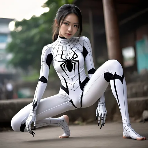 Prompt: (shot from random side) cosplay barefoot action fighting pose white spider armor body suit full covering thigh and leg with big black chrome metal spider in the front, soft lighting,solo, Ultra realistic facial features detail professional photograph (full-body portrait) (((full portrait head to toe))) shot of ((skinny)) Indonesian javanese real life woman adorable face, blur,blurry,blurry background, random dynamic standing (((fighting pose))) dynamic acting, (tied up hair style) messy hair. Have an innocent look in her eyes expression. public crowd background (((surreal mystical ambiance))). (sleepy eyes), (low key),((((Textured)))), (from behind), her long leg, (reveal legs), (reveal chest).