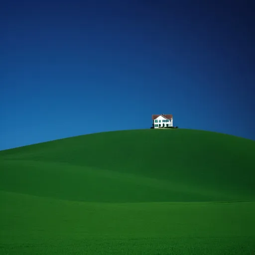 Prompt: rolling green hills with a singular house. the sky is a pure raw deep blue, no clouds or variation in sky color