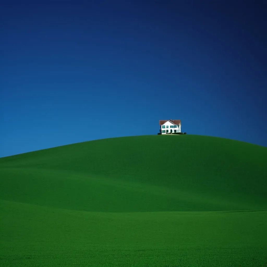 Prompt: rolling green hills with a singular house. the sky is a pure raw deep blue, no clouds or variation in sky color