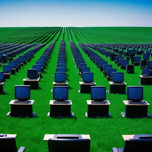 Prompt: a handheld amateur photo of an infinite rolling grass hills with infinite rows of crt computers on desks. the sky is a deep blue with no clouds or variation in sky color