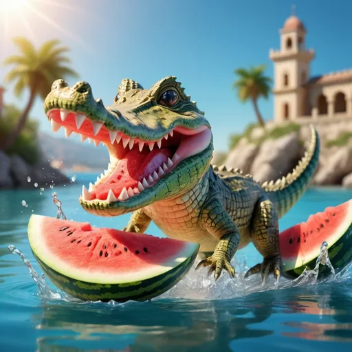 Prompt: 地中海 巨鳄 啃西瓜 爆汁