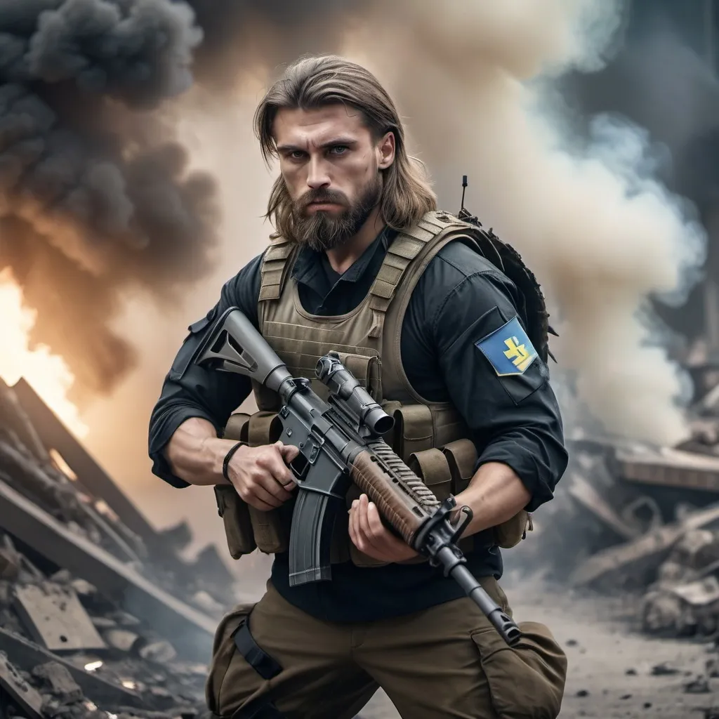 Prompt: Create image of Ukrainian soldier in battle gear with beard and long hair like fabio