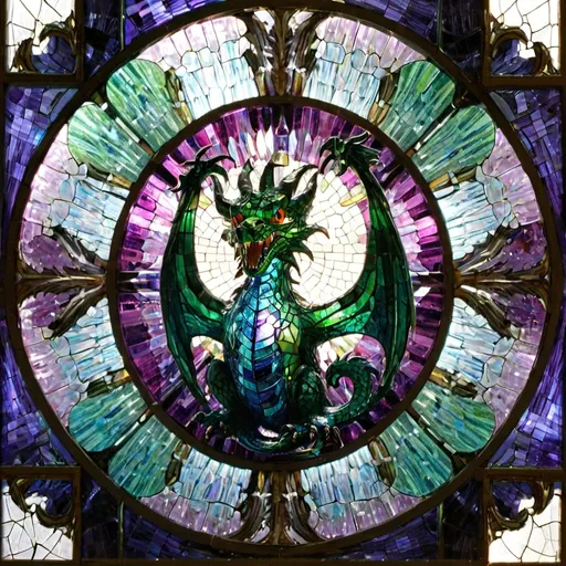 Prompt: A kaleidoscope mosaic stained glass of purple green and blue with the center being a dragon motif