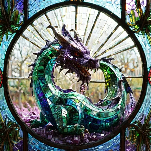 Prompt: A kaleidoscope mosaic stained glass of purple green and blue in a dragon style