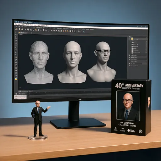 Prompt: This photograph depicts a well-lit, modern workspace with a light wood desk and a gradient blue-gray background. Central to the image is a large, curved monitor displaying a digital 3D modeling software interface. The screen shows four grayscale 3D models of a human head and torso at different stages of development. On the left, there is a wireframe model of a head, followed by a semi-detailed head model, then a detailed head model, and finally a fully rendered torso. The software interface includes various toolbars and text boxes on the right side of the screen.
In front of the monitor, there is a small, figurine-like statue of a bald man wearing a black suit and black glasses, standing on a clear plastic base. The man has one arm raised with a gesturing hand and the other arm slightly bent at the elbow. To the right of the statue is a boxed collectible item featuring the same man in a similar black suit and black glasses, with the text "40th ANNIVERSARY COLLECTOR'S EDITION" and logos from the software company and a related organization. The box is black with a glossy finish, and the man's image is centered on the front. The overall scene is clean, professional, and focused on digital 3D artistry.