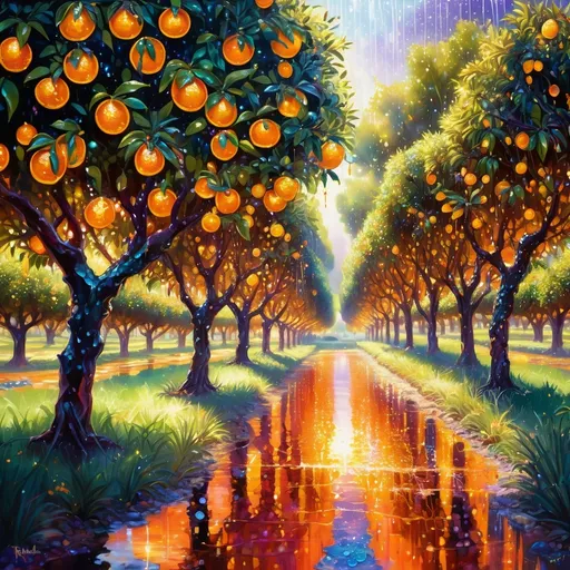 Prompt: Orange trees orchard made of gems. Dripping wet. Hauntingly vibrant. 