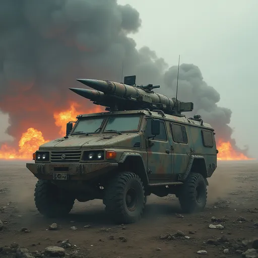 Prompt: car attached with Examination and missiles  with war Background
 