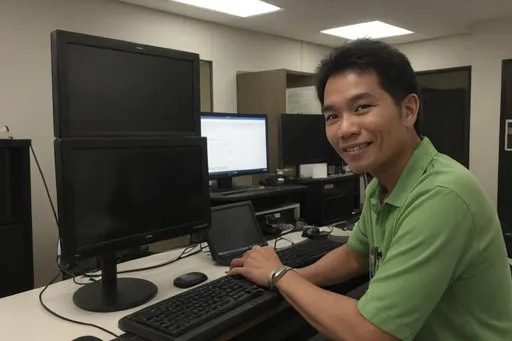 Prompt: photo of an Indonesian man, in a room with computers, the year of 2020, tech-looking, mature face, realistic, optimistic, detailed eyes, green eyes, smile