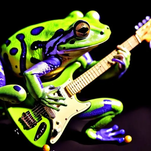 Prompt: a frog thats playing on electric guitar