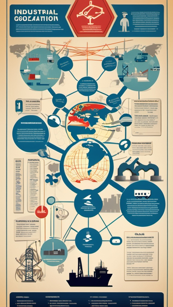 Prompt: Create a visually striking poster that highlights the key aspects of industrial globalization. Include elements that represent the interconnectedness of global manufacturing and production processes. Consider incorporating the following themes:
World map: Connect different regions with lines or arrows to represent trade routes and supply chains.
Factory or manufacturing plant: Highlight the industrial infrastructure and machinery involved in production.
Containers or shipping vessels: Symbolize the transportation of goods across international borders.
Technological devices: Showcase advancements in automation, robotics, and digital manufacturing.
People: Depict workers, consumers, and policymakers involved in the global industrial system.
Environmental symbols: Include elements related to sustainability, pollution, and resource consumption.