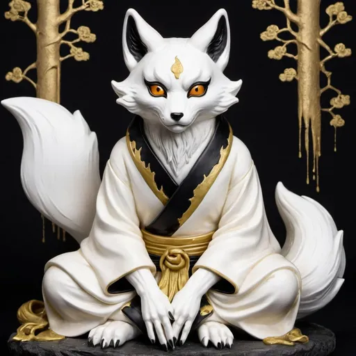 Prompt: A white kitsune with black and gold eyes, sitting down on ghostface