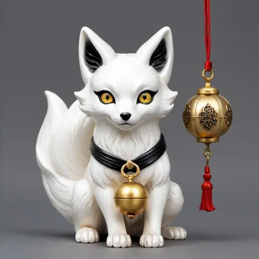 Prompt: A white kitsune with black and gold eyes, holding a silver bell