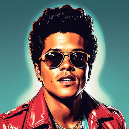 Prompt: hazme una ilustracion de bruno mars para la portada de una lista de sotify a color