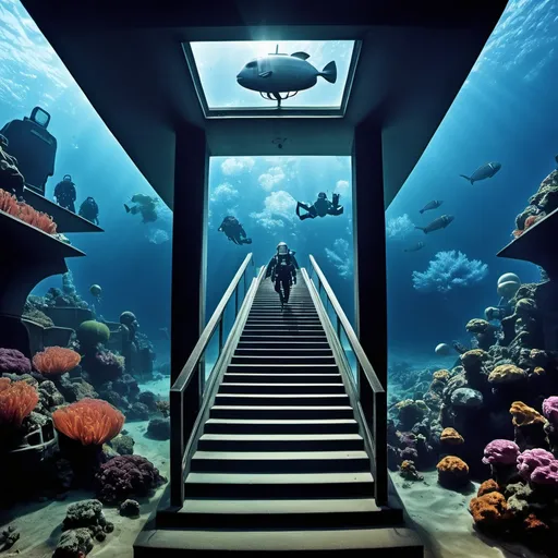 Prompt: Copy Album Cover "Stair way to Heaven" Led Zepelin and put in Tokyo Underwater with fans in scuba gear looking at it use this image in the background  