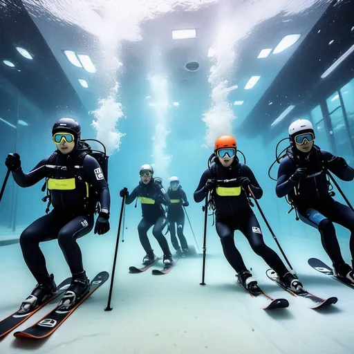 Prompt: a group skiing underwater while its snowing in tokyo as the city has been destroyed wearing scuba tanks and skiing and snowboarding in the city