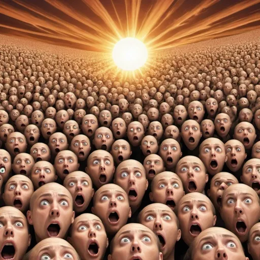 Prompt: create an image of a thousand shocked faces realizing the sun has gone nova