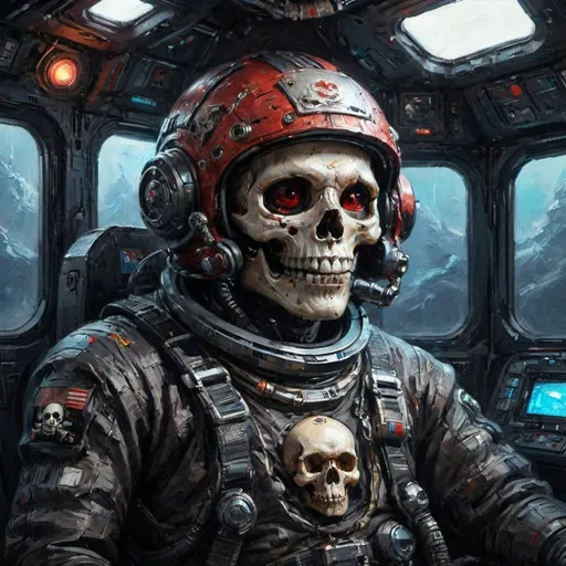 Prompt: An awe-inspiring 8K UHD digital rendering of a distinctive pirate astronaut in a riveting close-up, seated inside a spacecraft. The helmet displays a striking, hand-painted skull design on the side, while the visor reveals only a menacing, glowing red smile. Clad in a tribal-style spacesuit adorned with bones, the astronaut's attire contrasts strikingly against the dim, metallic interior of the craft. Dramatic lighting, ultra-realistic textures, and high-definition details contribute to the dark, futuristic ambiance. Drawing inspiration from dark fantasy and ukiyo-e art styles, the scene is both captivating and cinematic, masterfully blending vibrant colors with a gritty, conceptual edge. The piece doubles as a striking illustration and a unique poster, illustration, vibrant, cinematic, dark fantasy, ukiyo-e, conceptual art, poster, painting, architecture, graffiti