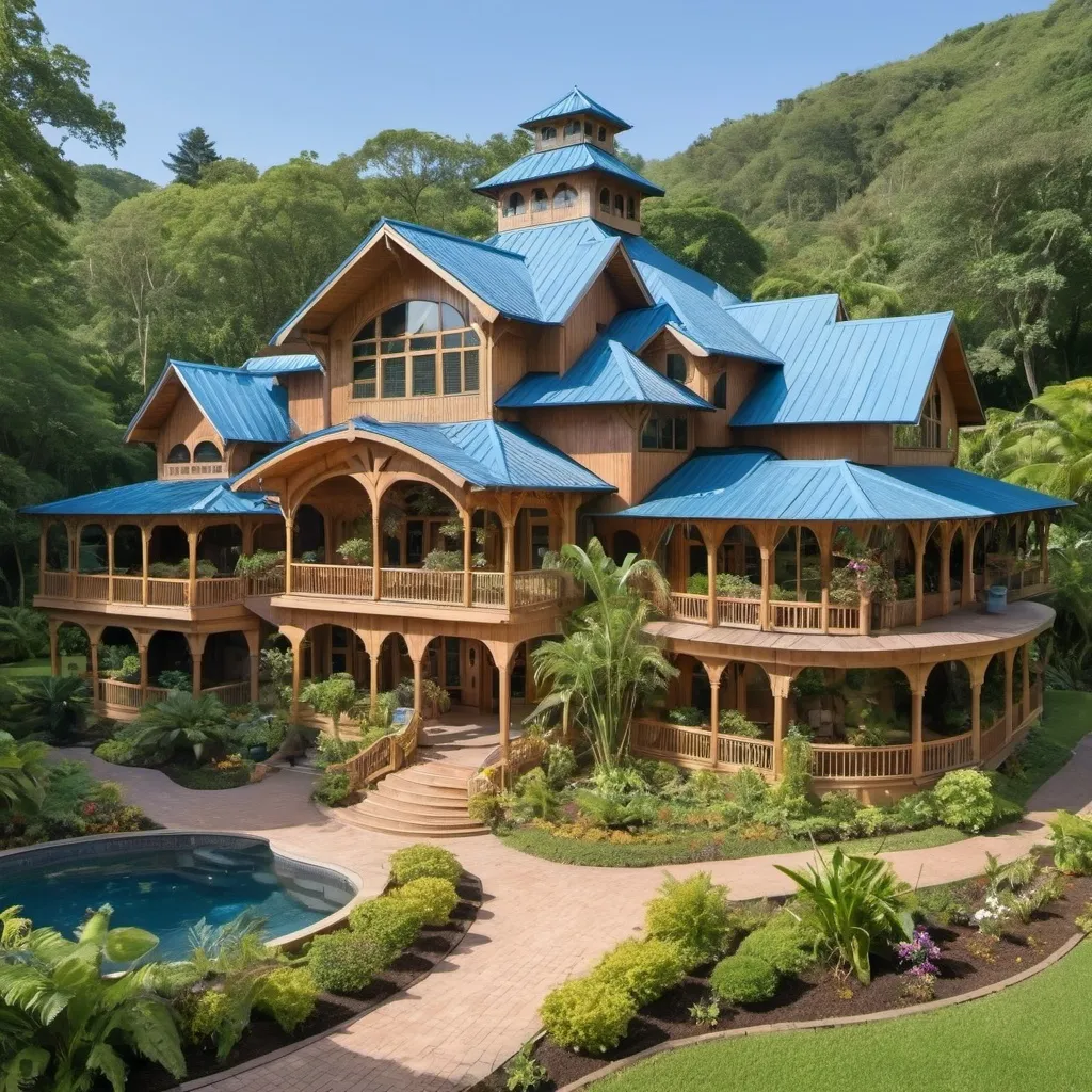 Prompt: A large home, built into a series of waterfalls. It has a large wrap around porch, surrounded by verdant green plants and flowers. The exterior is light stained wood with blue roof tiles. There is an extensive use of arches in its construction.