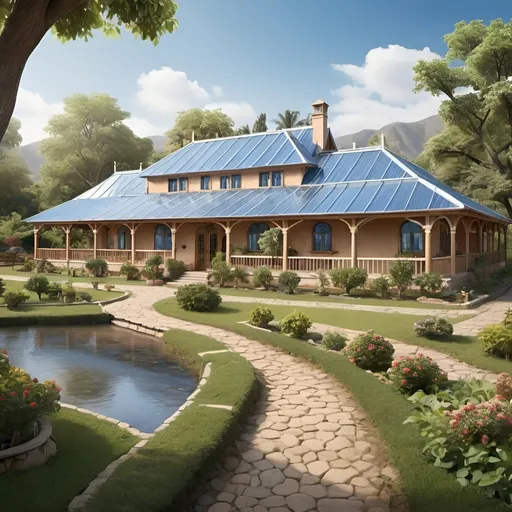 Prompt: A homestead style villa, with a large stream running through it. The exterior is a light stained wood color and uses arches extensively. A roof of blue tiles. The property is surrounded by animal enclosures and fruit trees. A large greenhouse is connected to it. 