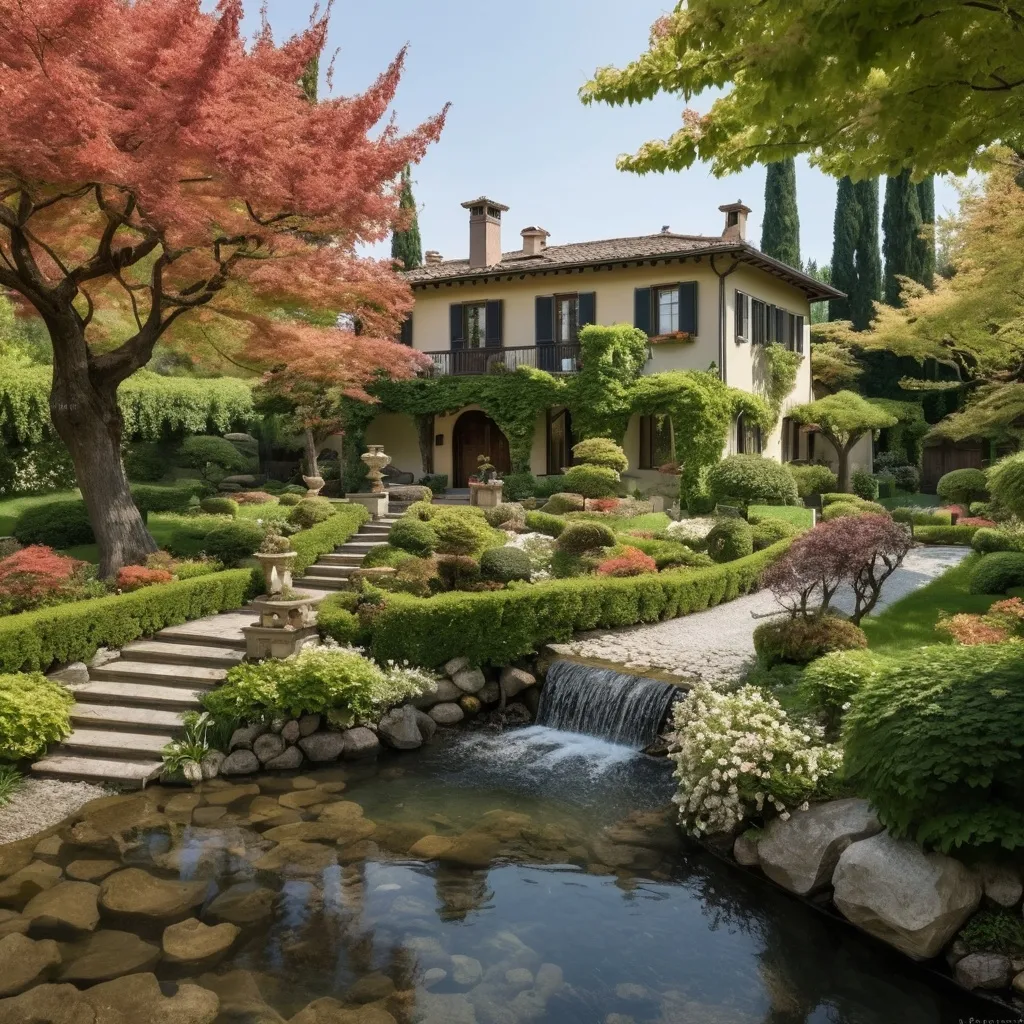 Prompt: An Italian villa style home. To one side is a vineyard, to the other a grove of fruit trees. A large flowing stream sits in the front yard, dotted with Japanese maples and shade loving flowers.