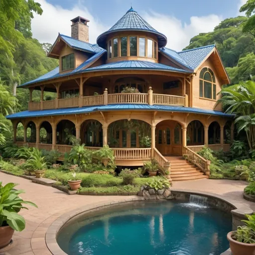 Prompt: A large home, built into a series of waterfalls. It has a large wrap around porch, surrounded by verdant green plants and flowers. The exterior is light stained wood with blue roof tiles. There is an extensive use of arches in its construction.