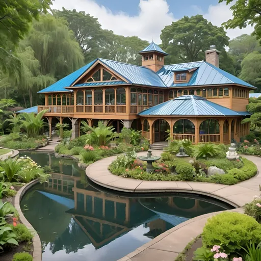 Prompt: A large home surrounded by interconnecting ponds and waterfalls. It has a large wrap around porch, surrounded by verdant green plants and flowers. The exterior is light stained wood with blue roof tiles. There is an extensive use of arches in its construction. A large greenhouse is connected to it. 