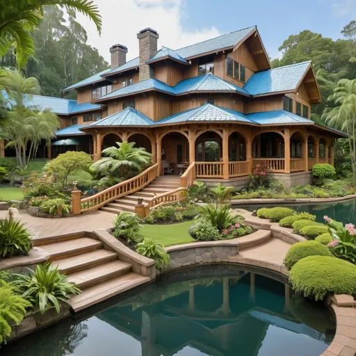 Prompt: A large home surrounded by interconnecting ponds and waterfalls. It has a large wrap around porch, surrounded by verdant green plants and flowers. The exterior is light stained wood with blue roof tiles. There is an extensive use of arches in its construction.