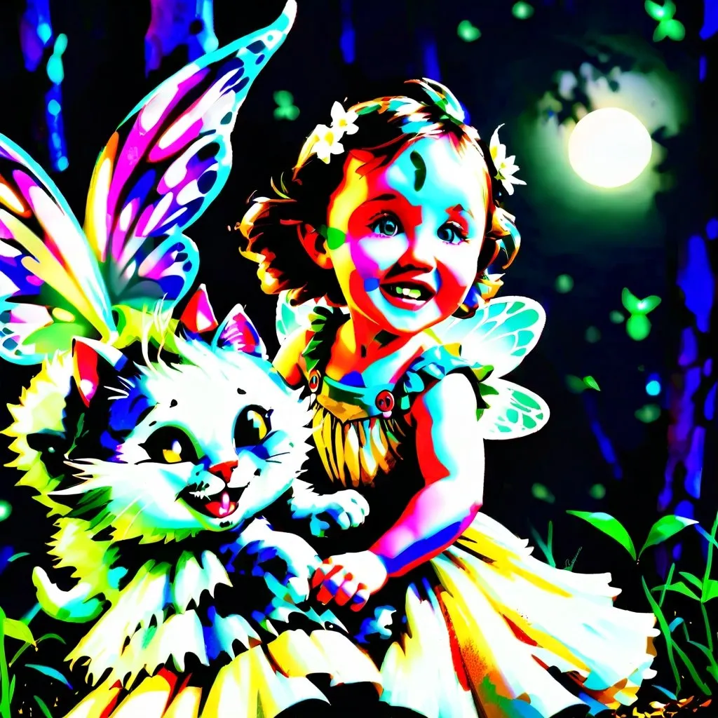 Prompt: A beautiful toddler fairy, Laughs and giggles, as the full moons light bounces off her gossamer wings. She rides a powerful proud cat through the enchanted forest in the light of a full moon. 







