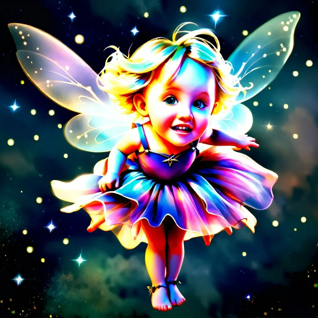 Prompt: Blonde toddler fairy standing in mid-air smiling. Her gossamer wings, night sky, detailed, ethereal, magical, fantasy, fairy, delicate, dreamy, cool tones, atmospheric lighting, whimsical, enchanting, detailed features, surreal, fantasy art