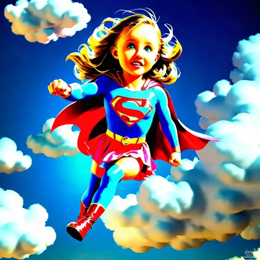 Prompt: Super girl flying through fluffy clouds. bright cheerful happy 