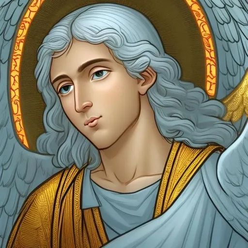 Prompt: Give me a a cartoon drawing of Michael the ark-angel of heaven with smooth skin, slightly middle eastern, with golden and white hair with eyes clear as baby blue sea glass and pupils as glowing fire  