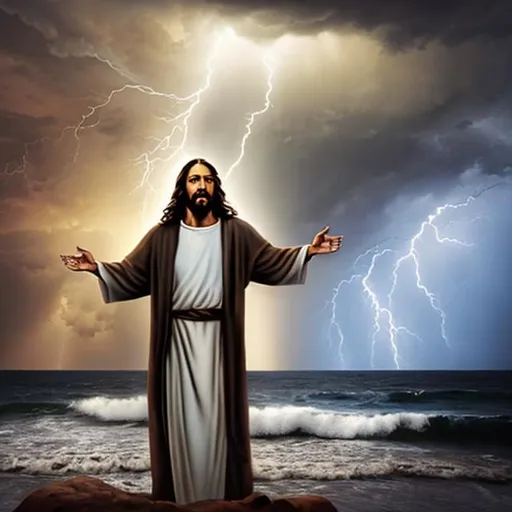 Prompt: Jesus faces a strong storm behind him with 