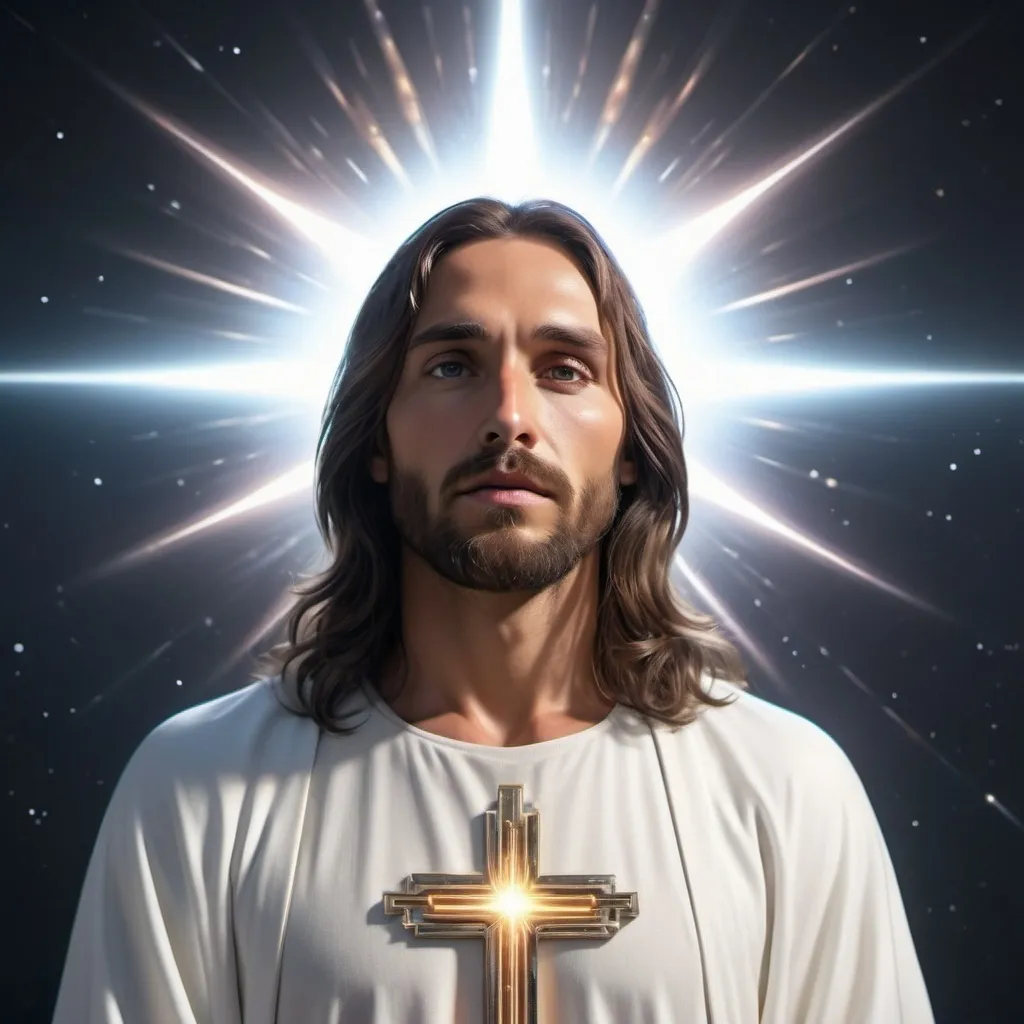 Prompt: Jesus Christ, full depiction, 4k, high resolution, redesigned, modern, version of his clothing, futuristic clean, white  clothing. 