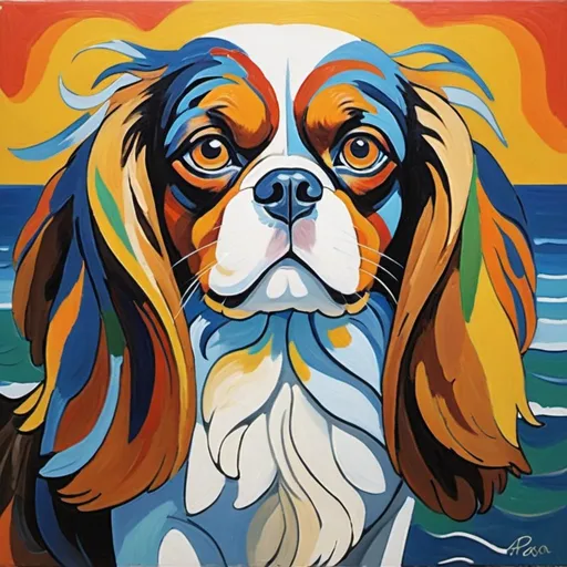 Prompt: Pablo Picasso style painting of a King Charles Spaniel, vibrant and abstract, Sea Cliff, NY, oil painting, detailed fur with abstract shapes, intense and expressive eyes, high quality, vibrant colors, abstract art, unique style, Sea Cliff setting, oil painting, detailed fur, expressive eyes, professional, vibrant colors, cubism